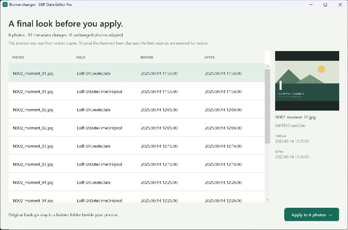 The exact metadata preview before applying changes